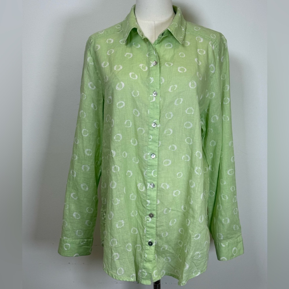 Chico’s Lime Green & White Linen Cotton Blend Coastal Shirt Chico’s 2/Large 12